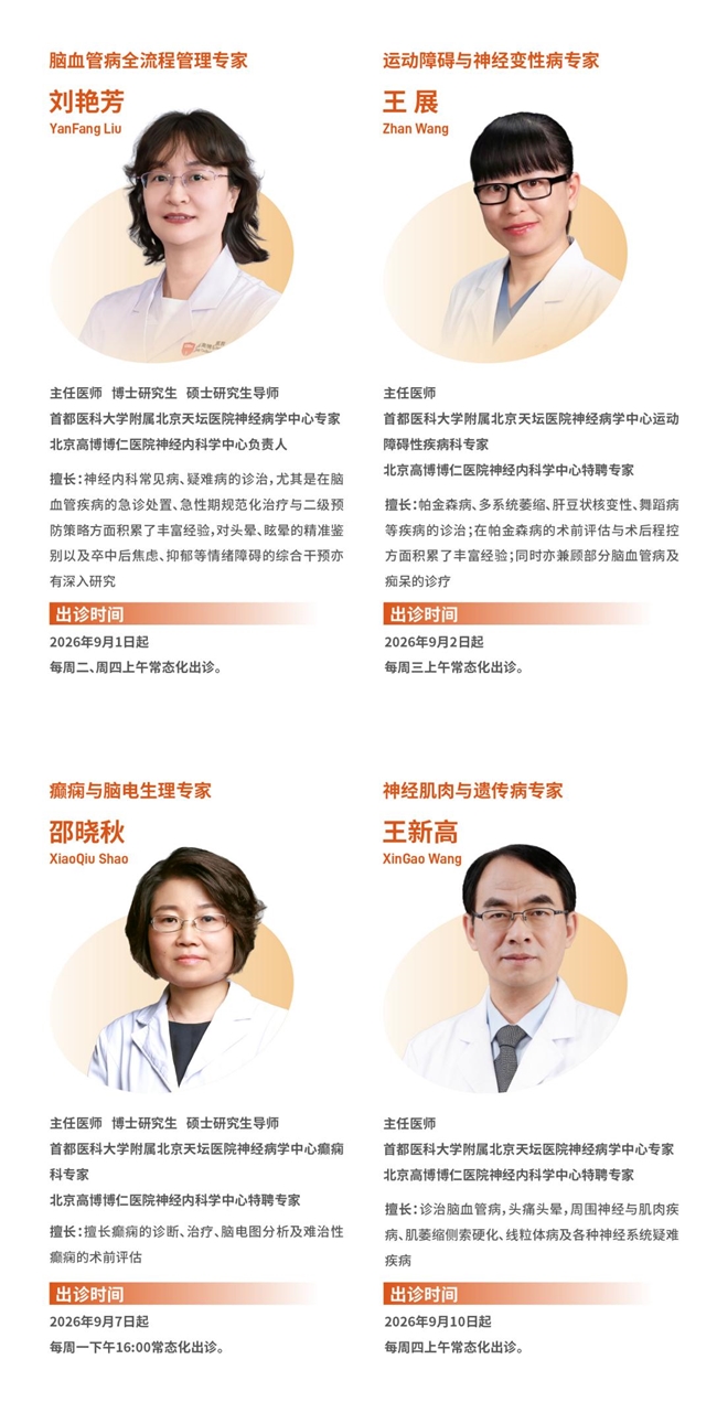 天坛神经病学专家团刘艳芳、王展、邵晓秋、王新高9月起博仁每周出诊