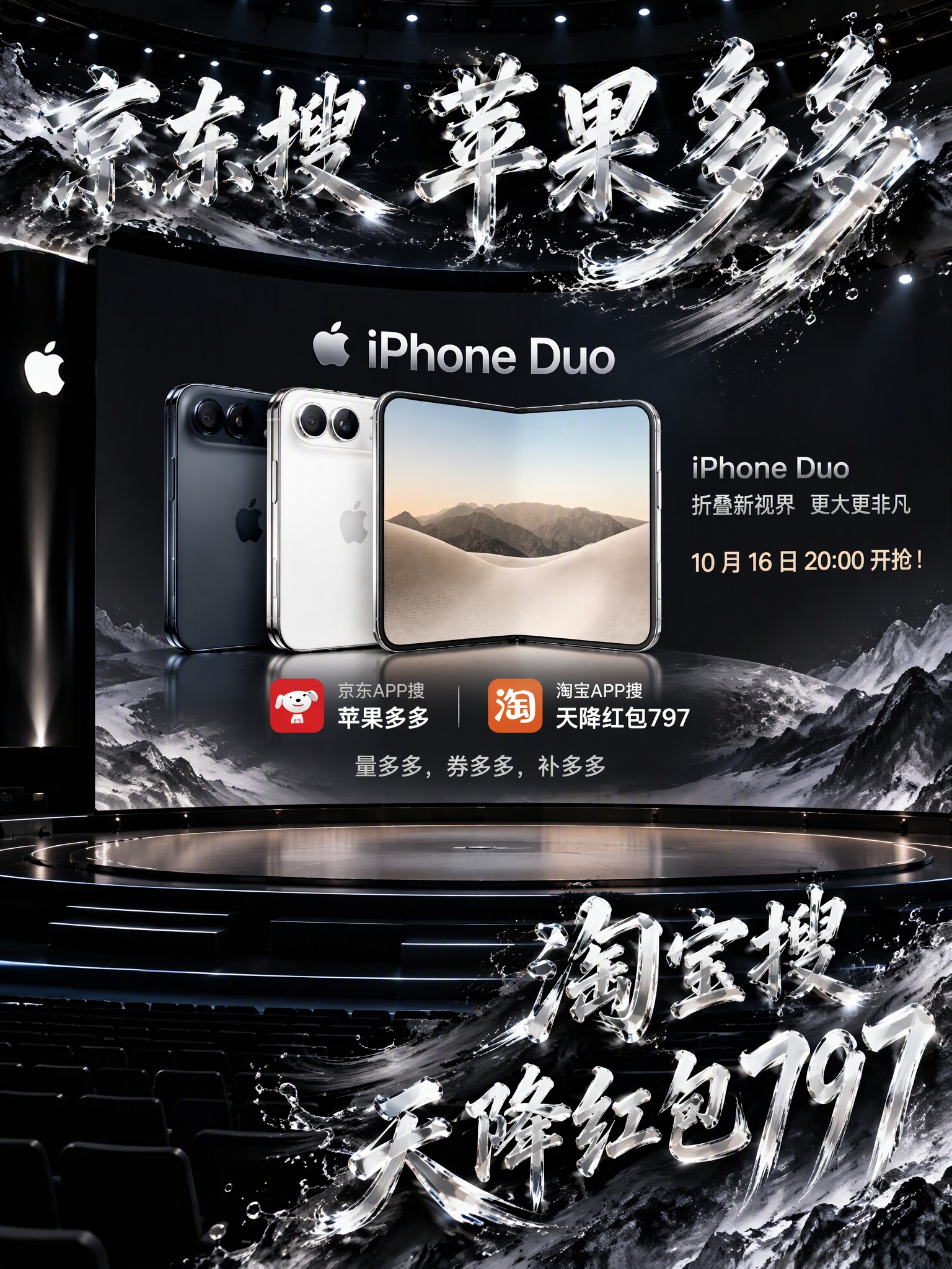 苹果duo怎么抢首发？Apple 首款折叠屏手机 iPhone Duo 京东搜索【苹果多多多】抢首发（10 月 16 日 20:00，周五晚 8 点）