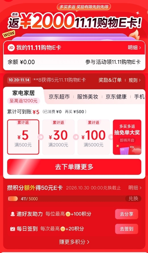 大额补贴叠加额外返卡，京东11.11“多买多返”上线，最高可返2000元